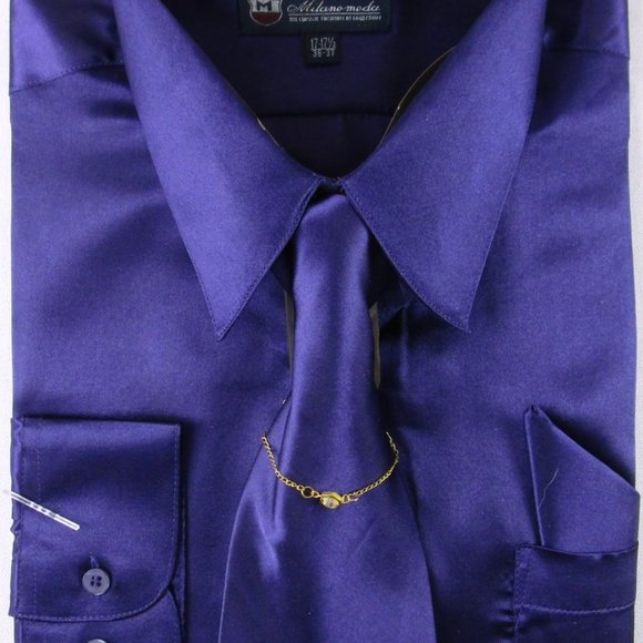 NWOT Milano Moda Men's Dark Purple Satin 4 Pc. Dress Shirt Set, 17-17.5 (36-37) - Picture 1 of 2